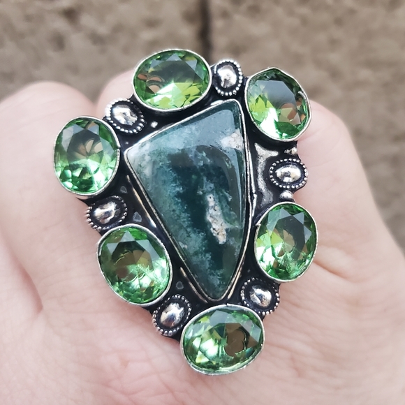 New Oversized Indian Moss Agate & Tsavorite 925 Silver Statement Ring. - Picture 8 of 16